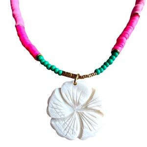 Mother Of Pearl Hibiscus Carved Pendant & Gold Hematite Necklace